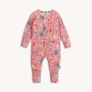 Pink coverall with Harry Potter-themed print and magnetic closures.