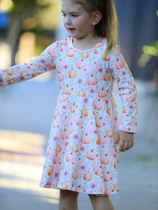 Fall Pink Pumpkin Girls Long Sleeve Twirl Dress