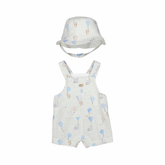 Baby boy overalls with a hat, featuring a pattern with animals and stars on a white background.