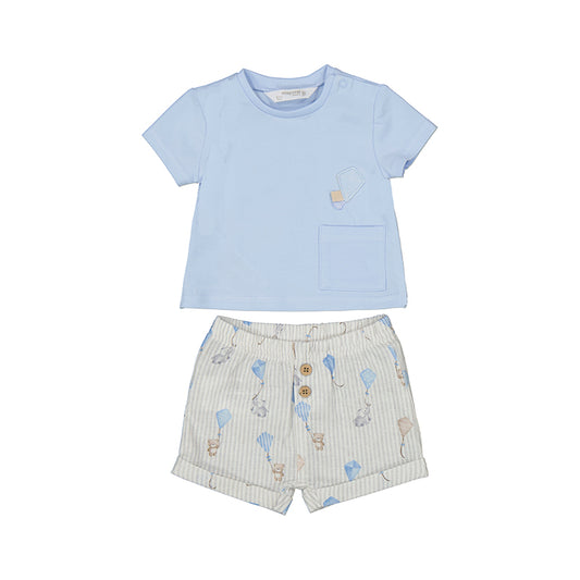 A set of baby boy clothing consisting of a blue T-shirt and beige shorts with a pattern of small animals and stripes.