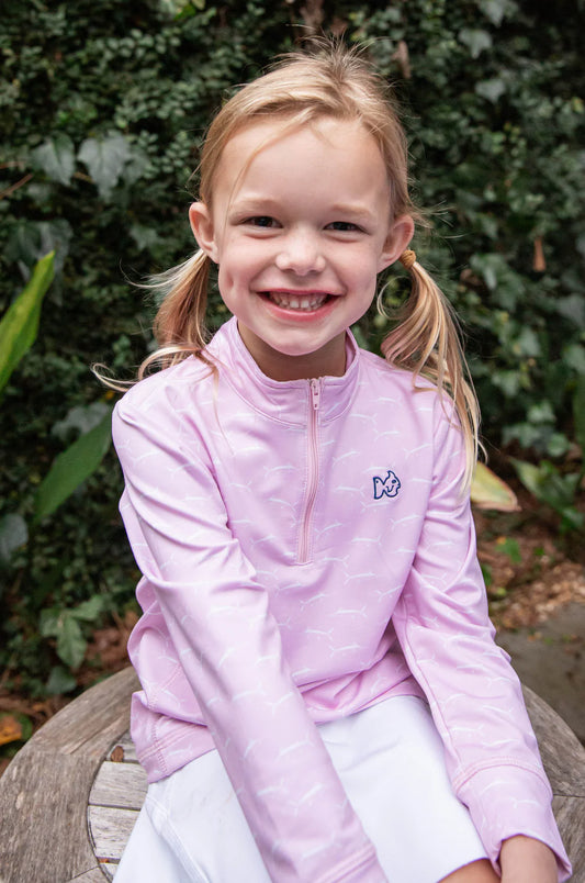 PRODOH Girls Pro Performance Quarter Zip Pullover in Marlin Print on Pink Lady