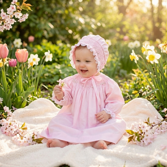 Baby in a pink dress and bonnet sitting in a garden with flowers