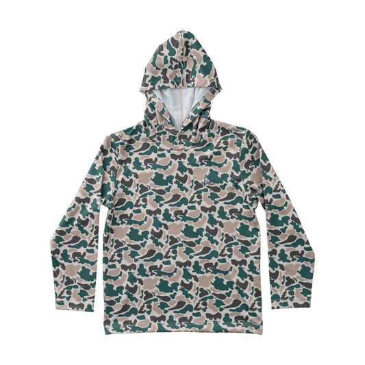 Camouflage-patterned hoodie on a white background