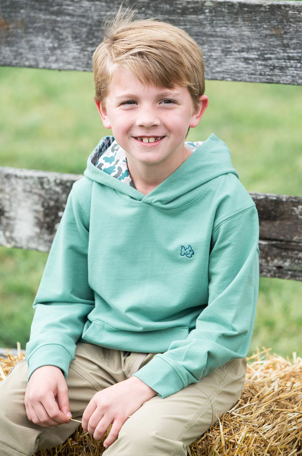 Boys Spinnerbait Sweatshirt in Frost Spruce Green with Camo Liner