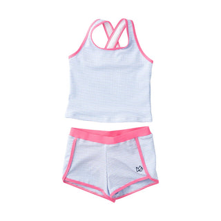 PRODOH Girls' Seaside Tankini Set – Blue Seersucker with Pink Trim