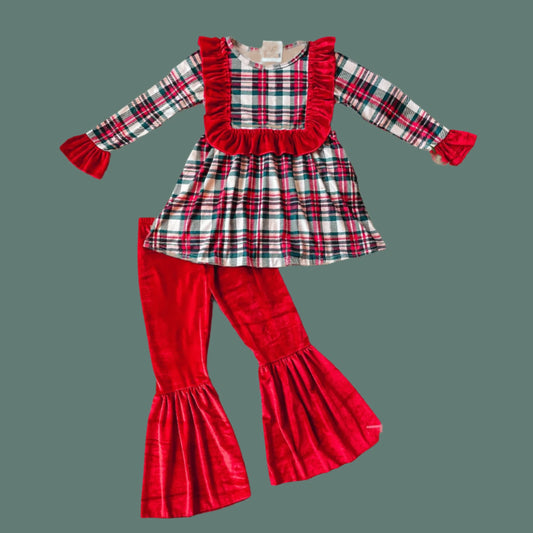 Red Christmas Plaid Girls Pants Set