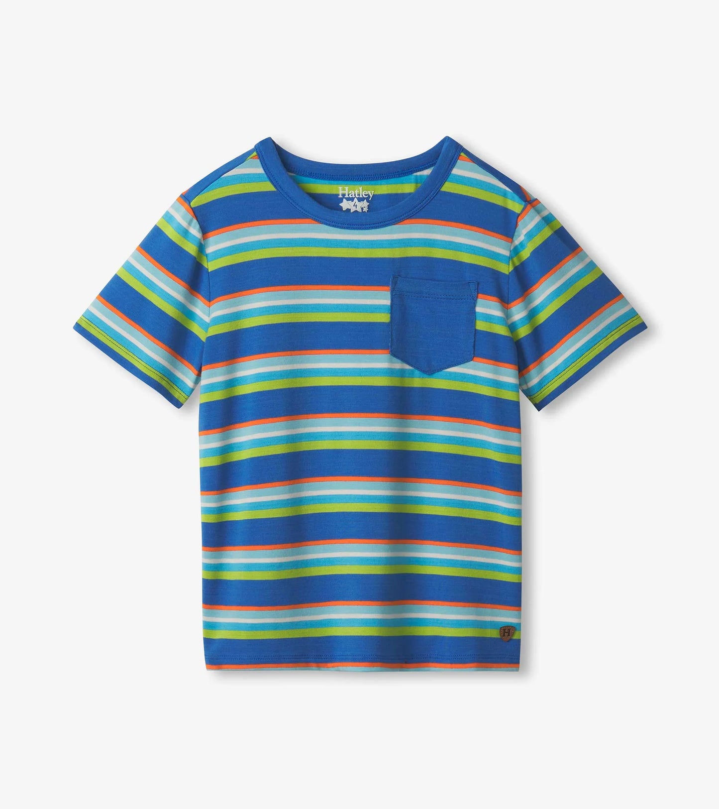 Colorful striped t-shirt with a pocket on a white background