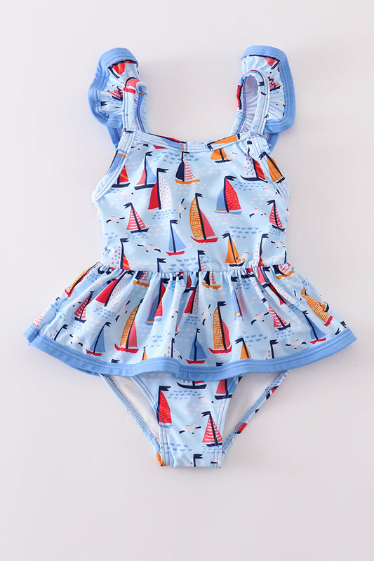 Blue sailboat print girl swimsuit