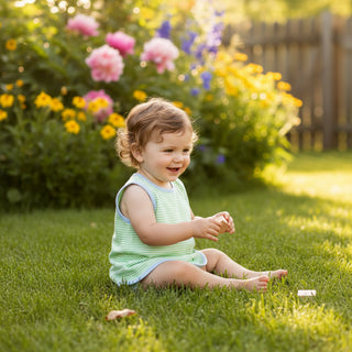Baby in green and white striped outfit.