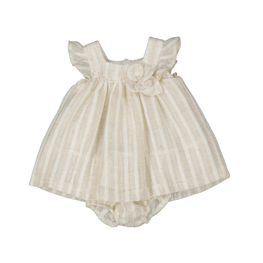 A sleeveless baby girl dress with an tan and white stripes, soft ruffle detailing, and a full gathered skirt. Comes with matching bloomers.