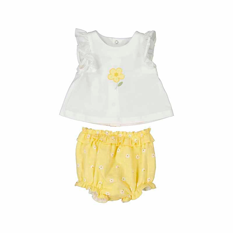 A baby outfit set with a white flutter-sleeve top embroidered with a flower and yellow bloomers with a floral pattern.