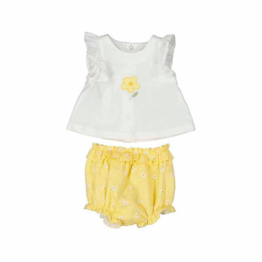 A baby outfit set with a white flutter-sleeve top embroidered with a flower and yellow bloomers with a floral pattern.
