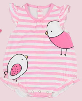 Pink and white striped baby romper with bird designs on a pink background
