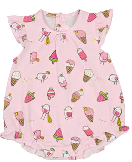 Pink baby dress with colorful ice cream and fruit pattern on a white background