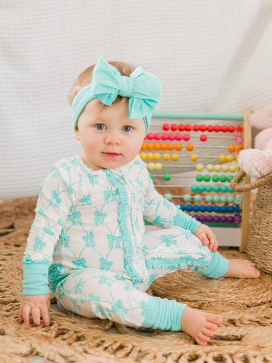 Baby Girls Teal Fairytale Bows Bamboo Viscose Convertible Ruffle One Piece Pajama