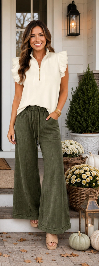 Mineral Wash Flared Pants, Olive Green