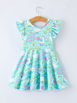 Aqua Spring Chicken Floral Farm Print Girls Dress - Sunny Meadow Boutique