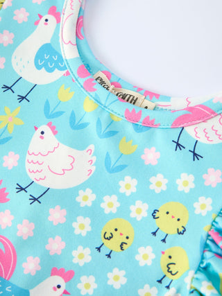 Aqua Spring Chicken Floral Farm Print Girls Dress - Sunny Meadow Boutique