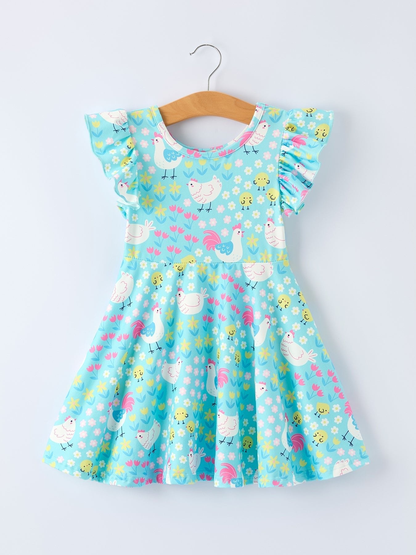 Aqua Spring Chicken Floral Farm Print Girls Dress - Sunny Meadow Boutique