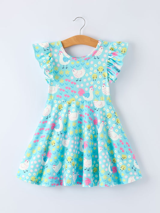 Aqua Spring Chicken Floral Farm Print Girls Dress - Sunny Meadow Boutique
