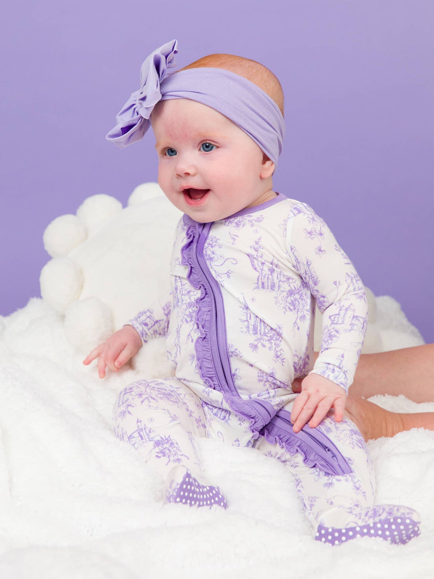 Baby Girls Purple Princess Castle Toile Bamboo Viscose Footed Ruffle One Piece Pajama