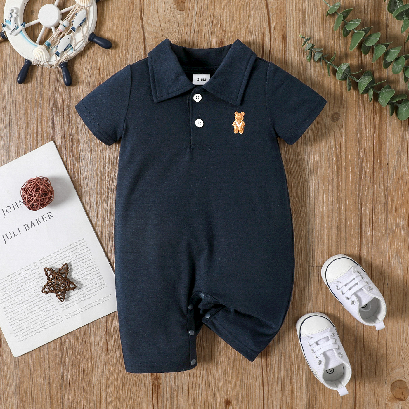 Baby Boy Bear Polo Collar Button Up Short-sleeve Jumpsuit