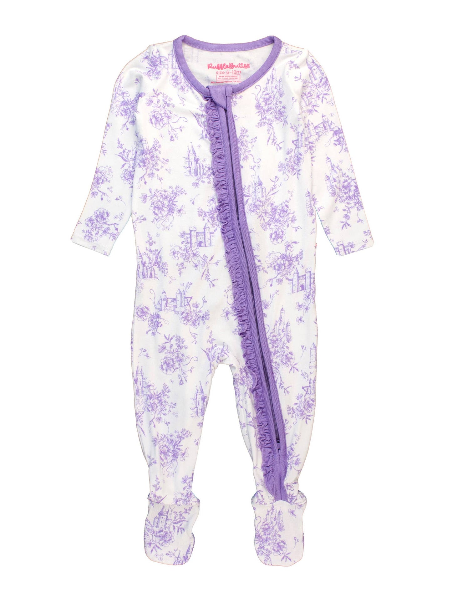 Baby Girls Purple Princess Castle Toile Bamboo Viscose Footed Ruffle One Piece Pajama