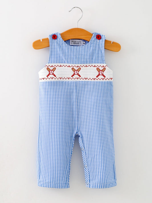 Baby Boy Baseball Smocked Romper – Blue Plaid Summer Outfit - Sunny Meadow Boutique