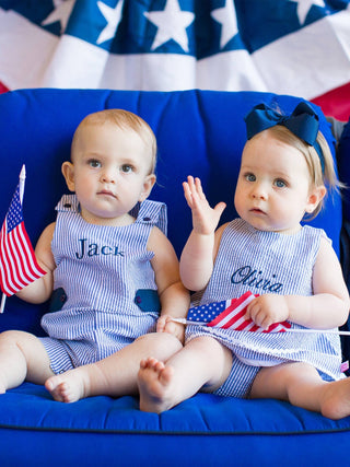 Baby Boys Blue Seersucker Classic Jon Jon Romper - Sunny Meadow Boutique