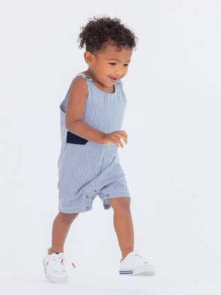 Baby Boys Blue Seersucker Classic Jon Jon Romper - Sunny Meadow Boutique