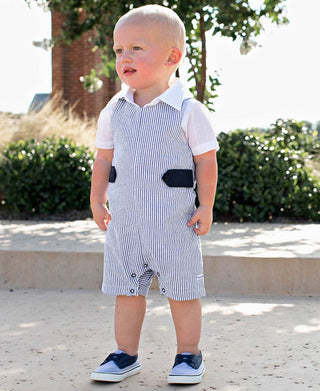 Baby Boys Blue Seersucker Classic Jon Jon Romper - Sunny Meadow Boutique