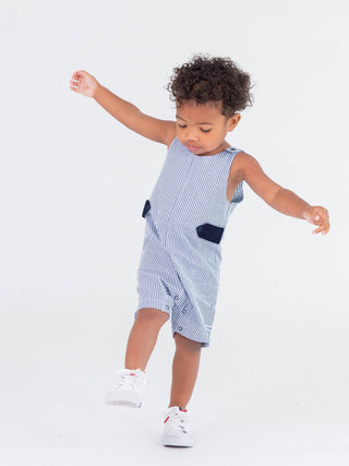 Baby Boys Blue Seersucker Classic Jon Jon Romper - Sunny Meadow Boutique