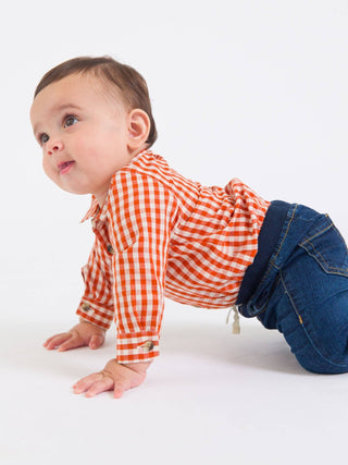 Baby Boys Classic Rust Gingham Long Sleeve Button Down Bodysuit - Sunny Meadow Boutique