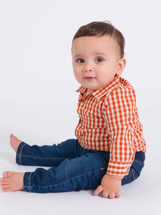 Baby Boys Classic Rust Gingham Long Sleeve Button Down Bodysuit - Sunny Meadow Boutique