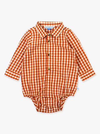 Baby Boys Classic Rust Gingham Long Sleeve Button Down Bodysuit - Sunny Meadow Boutique