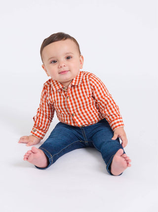 Baby Boys Classic Rust Gingham Long Sleeve Button Down Bodysuit - Sunny Meadow Boutique