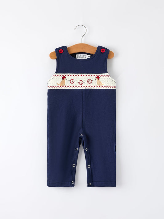 Baby Boys Romper – Dog Baseball Smocking Embroidery Outfit - Sunny Meadow Boutique