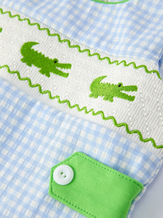 Baby Boys Summer Crocodile Embroidered Smocked Romper - Sunny Meadow Boutique