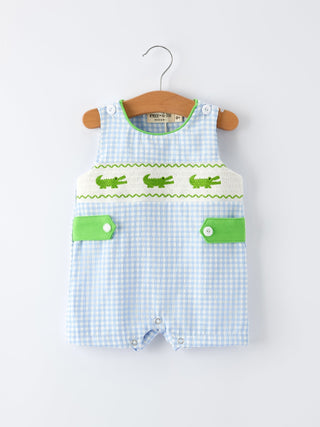Baby Boys Summer Crocodile Embroidered Smocked Romper - Sunny Meadow Boutique