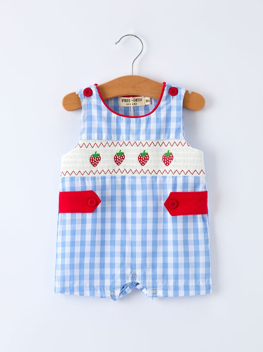 Baby Boys Summer Strawberry Embroidered Smocked Romper - Sunny Meadow Boutique