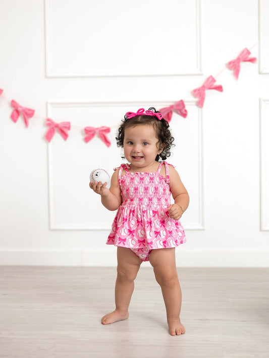 Baby Girl Pink Baseball Bow Print Romper Summer Outfit - Sunny Meadow Boutique