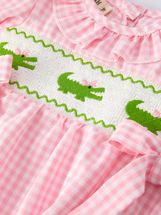 Baby Girl Pink Gingham Crocodile Smocked Romper – 100% Cotton Summer Boutique Outfit - Sunny Meadow Boutique