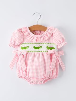 Baby Girl Pink Gingham Crocodile Smocked Romper – 100% Cotton Summer Boutique Outfit - Sunny Meadow Boutique
