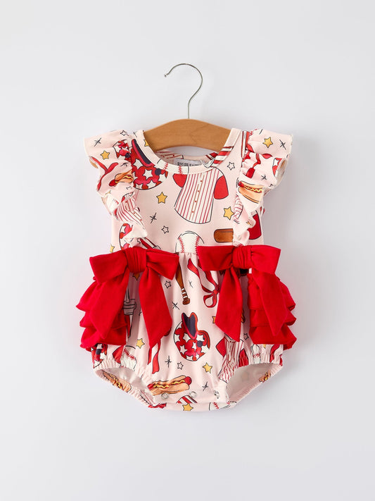 Baby Girl Romper with Red Bows Baseball Print - Sunny Meadow Boutique