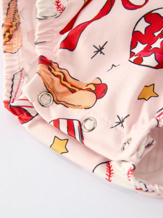 Baby Girl Romper with Red Bows Baseball Print - Sunny Meadow Boutique