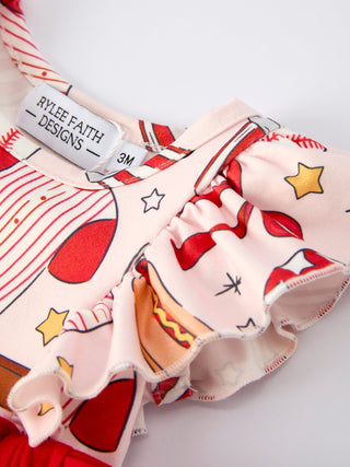 Baby Girl Romper with Red Bows Baseball Print - Sunny Meadow Boutique
