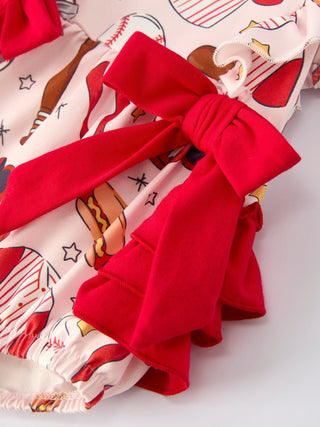 Baby Girl Romper with Red Bows Baseball Print - Sunny Meadow Boutique