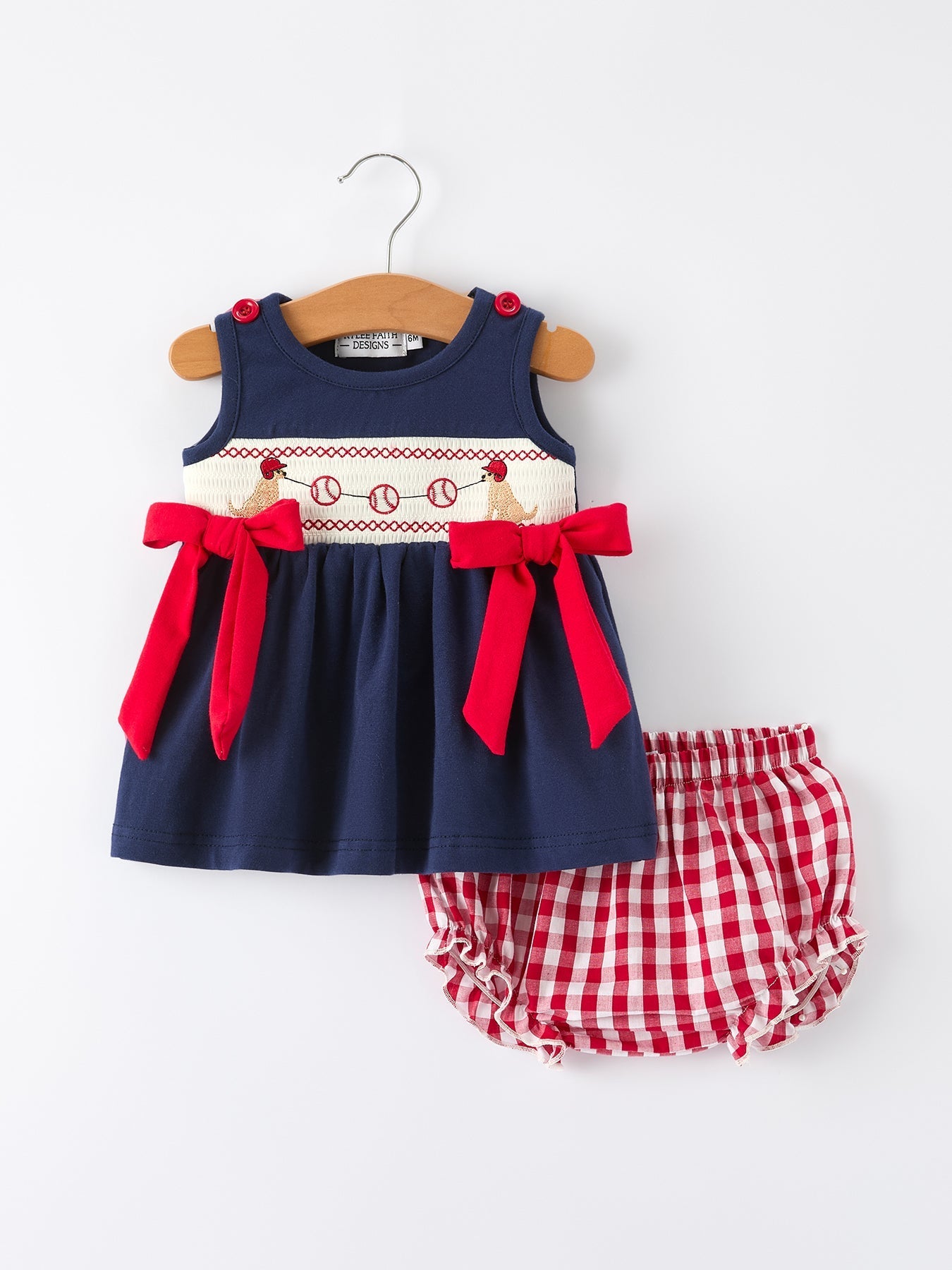 Baby Girls Bloomers Romper Set – Dog Baseball Smocking Embroidery Outfit - Sunny Meadow Boutique