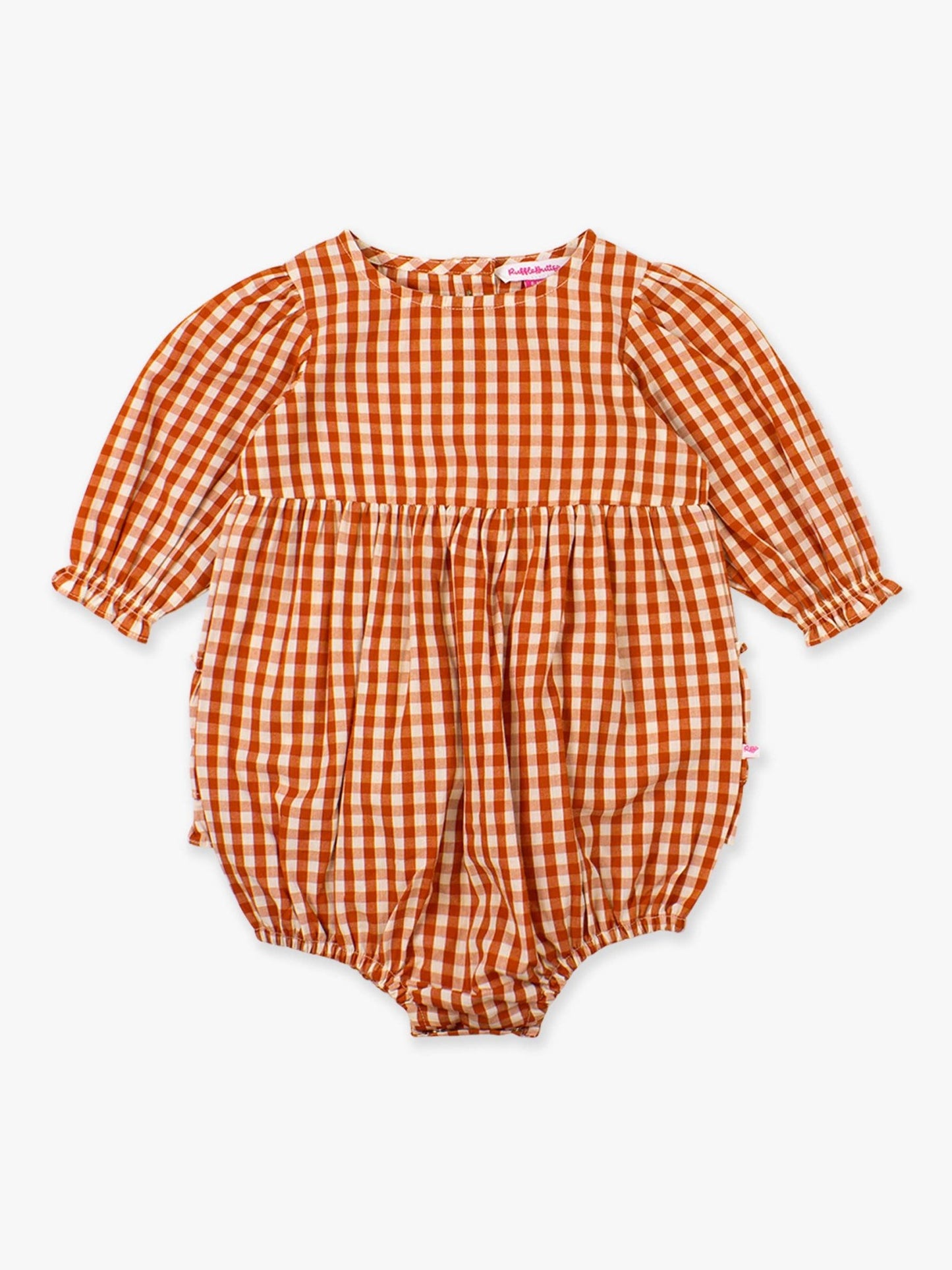 Baby Girls Classic Rust Gingham Woven Long Sleeve Bubble Romper - Sunny Meadow Boutique