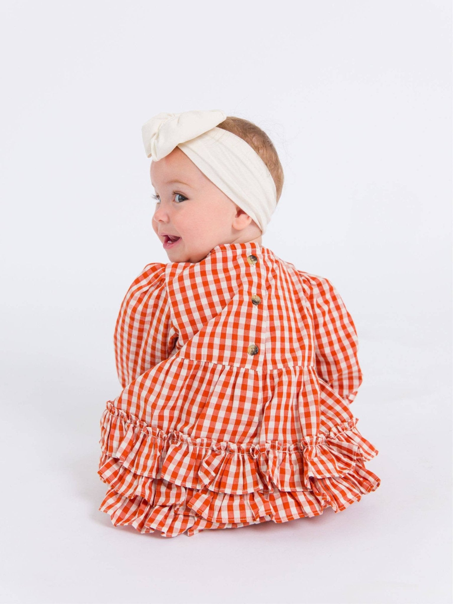 Baby Girls Classic Rust Gingham Woven Long Sleeve Bubble Romper - Sunny Meadow Boutique